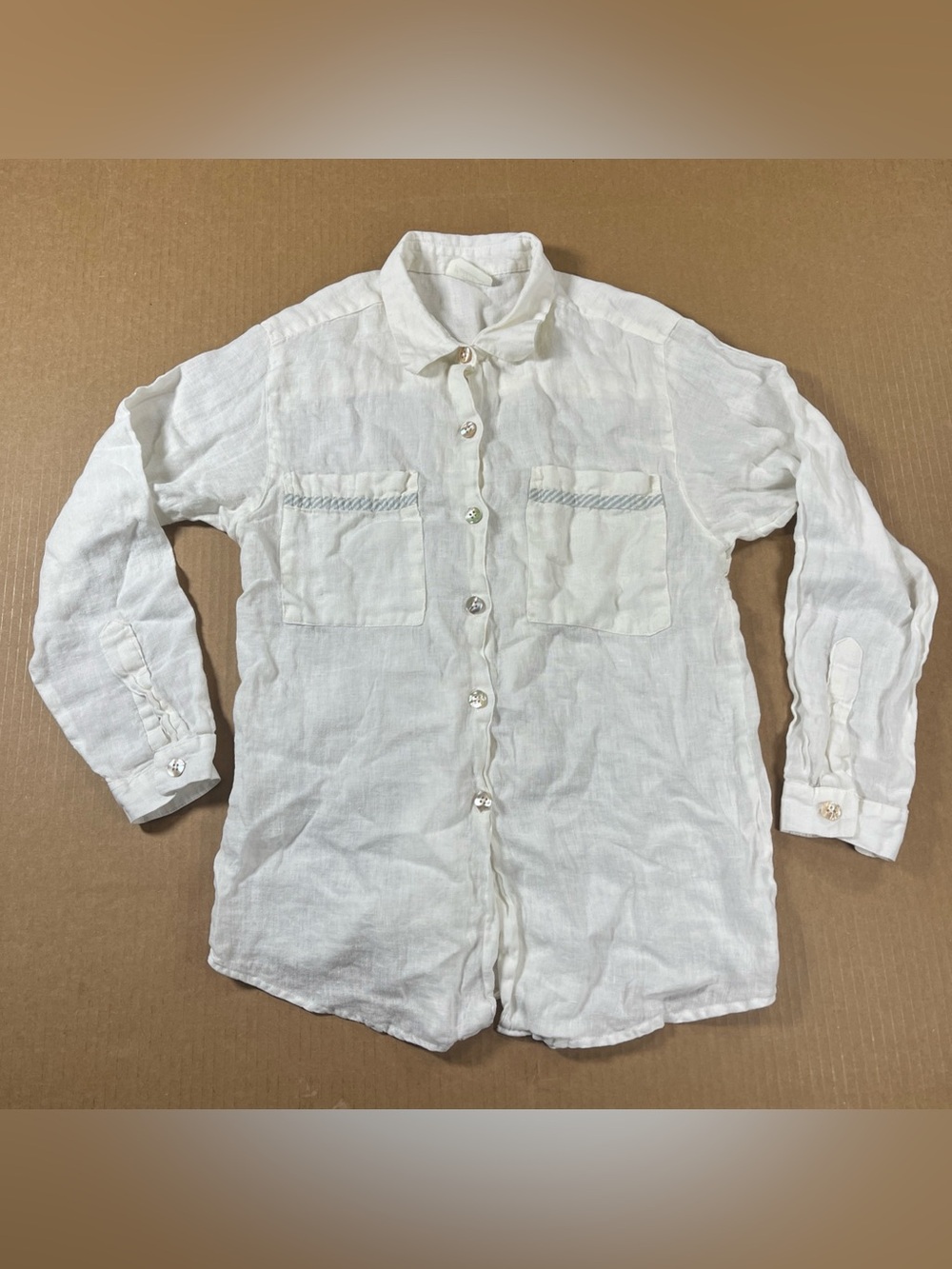 Betty Hadikusumo Linen Shirt blouse Boho Mother Pearl Buttons Womens Small